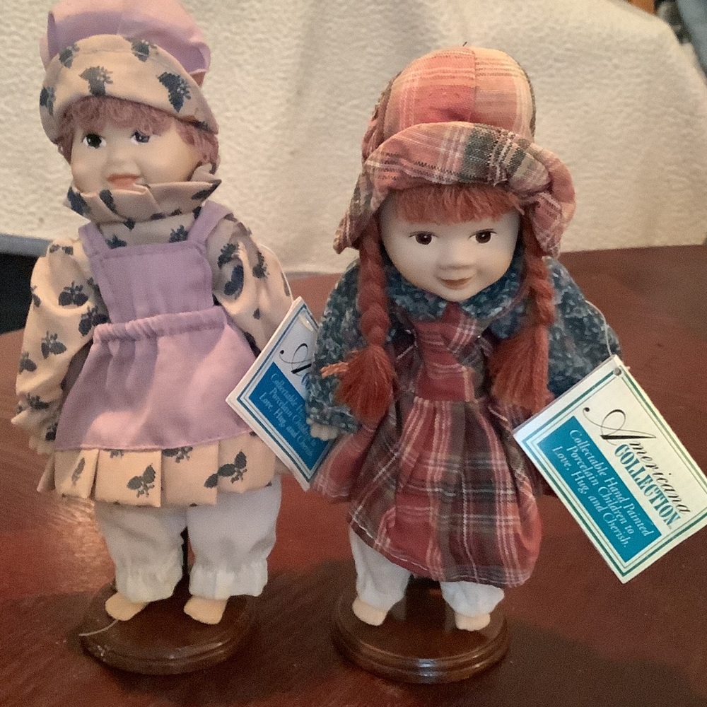 Porcelain Red Plaid & Lavender Twin Doll Set - Collector Home Accents